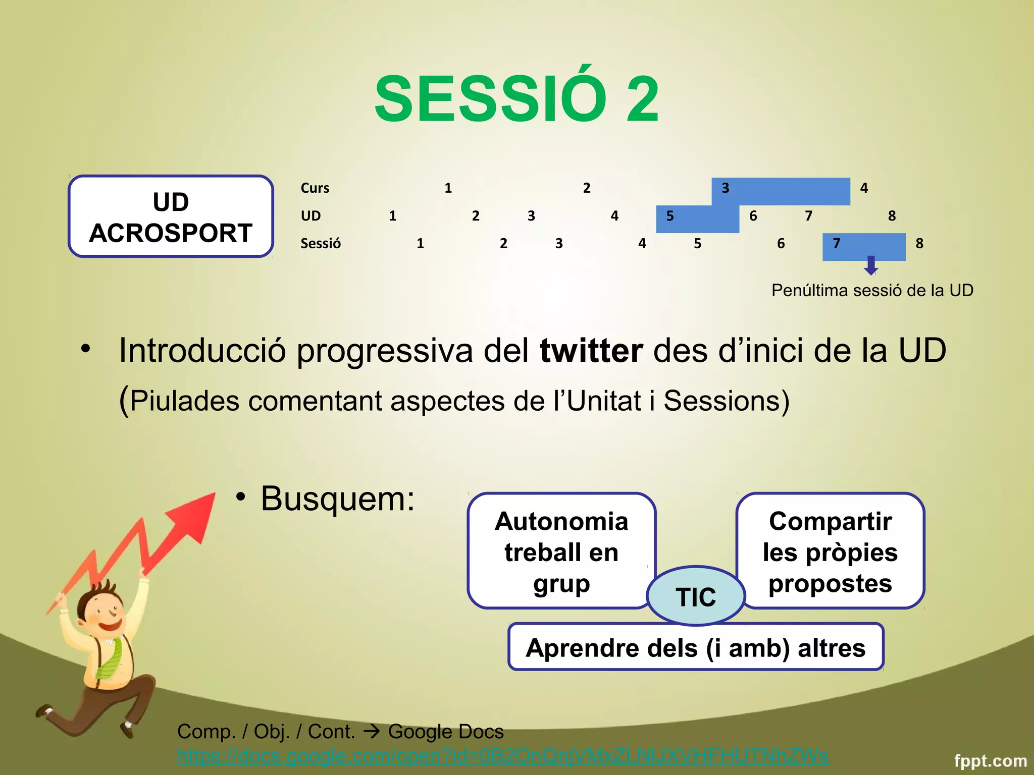 SESSIÓ 2
                 Curs             1                   2                     3                    4
   UD            UD       1           2       3           4       5             6        7           8
ACROSPORT        Sessió       1           2       3           4        5             6       7           8


                                                                                    Penúltima sessió de la UD


• Introducció progressiva del twitter des d’inici de la UD
  (Piulades comentant aspectes de l’Unitat i Sessions)

           • Busquem:
                                          Autonomia                                  Compartir
                                           treball en                               les pròpies
                                              grup                                   propostes
                                                                      TIC
                                              Aprendre dels (i amb) altres


      Comp. / Obj. / Cont.  Google Docs
      https://docs.google.com/open?id=0B2OnQnjVMxZLNlJXVHFHUTNhZWs
 