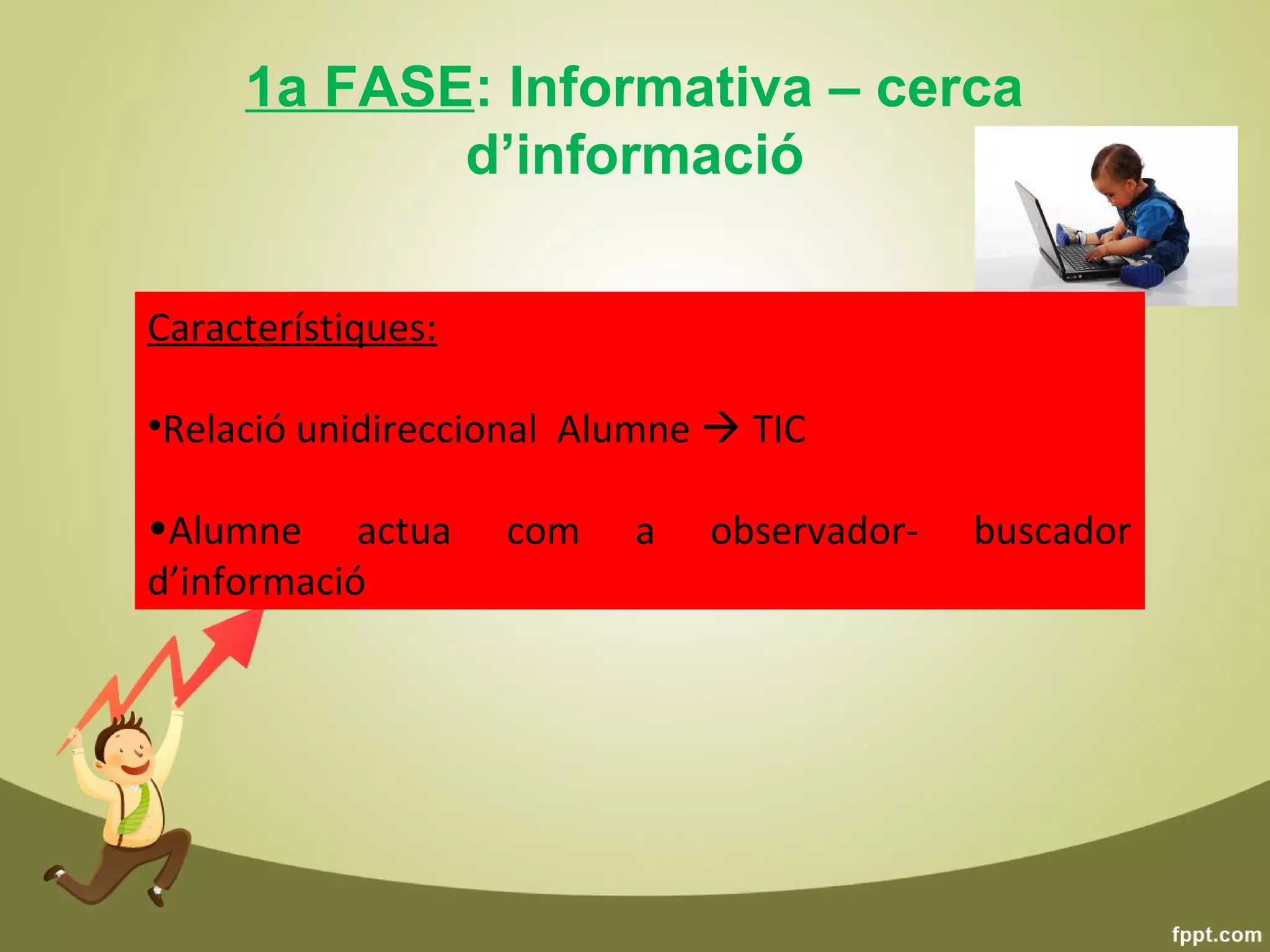 1a FASE: Informativa – cerca
            d’informació

Característiques:

•Relació unidireccional Alumne  TIC

•Alumne actua       com   a   observador-   buscador
d’informació
 