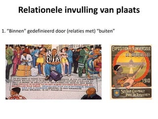 Relationele invulling van plaats
1. “Binnen” gedefinieerd door (relaties met) “buiten”
 