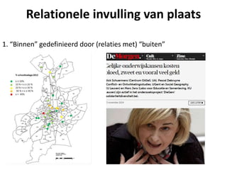 Relationele invulling van plaats
1. “Binnen” gedefinieerd door (relaties met) “buiten”
 