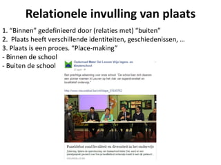 Relationele invulling van plaats
1. “Binnen” gedefinieerd door (relaties met) “buiten”
2. Plaats heeft verschillende identiteiten, geschiedenissen, …
3. Plaats is een proces. “Place-making”
- Binnen de school
- Buiten de school
 