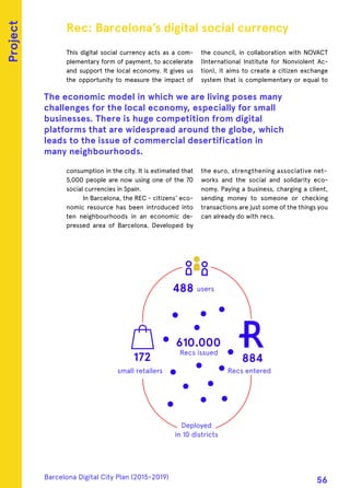 This digital social currency acts as a com-
plementary form of payment, to accelerate
and support the local economy. It gives us
the opportunity to measure the impact of
consumption in the city. It is estimated that
5,000 people are now using one of the 70
social currencies in Spain.
In Barcelona, the REC - citizens' eco-
nomic resource has been introduced into
ten neighbourhoods in an economic de-
pressed area of Barcelona. Developed by
the council, in collaboration with NOVACT
(International Institute for Nonviolent Ac-
tion), it aims to create a citizen exchange
system that is complementary or equal to
the euro, strengthening associative net-
works and the social and solidarity eco-
nomy. Paying a business, charging a client,
sending money to someone or checking
transactions are just some of the things you
can already do with recs.
Rec: Barcelona’s digital social currency
The economic model in which we are living poses many
challenges for the local economy, especially for small
businesses. There is huge competition from digital
platforms that are widespread around the globe, which
leads to the issue of commercial desertification in
many neighbourhoods.
488
610.000
172 884
Project
users
Recs issued
small retailers
Deployed
in 10 districts
Recs entered
Barcelona Digital City Plan (2015-2019)
56
 