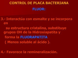 CONTROL DE PLACA BACTERIANA
FLUOR:
3.- Interactúa con esmalte y se incorpora
en
su estructura cristalina, substituye
grupos OH de la Hidroxiapatita y
forma la FLUORAPATITA
( Menos soluble al ácido ).
4.- Favorece la remineralización.
 