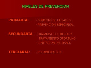 NIVELES DE PREVENCION
PRIMARIA: - FOMENTO DE LA SALUD.
- PREVENCIÓN ESPECIFICA.
SECUNDARIA: - DIAGNOSTICO PRECOZ Y
TRATAMIENTO OPORTUNO.
- LIMITACION DEL DAÑO.
TERCIARIA: - REHABILITACION
 