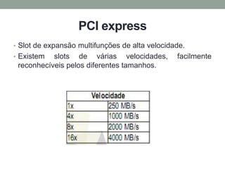 PCI express
• Slot de expansão multifunções de alta velocidade.
• Existem slots de várias velocidades, facilmente
reconhecíveis pelos diferentes tamanhos.
 