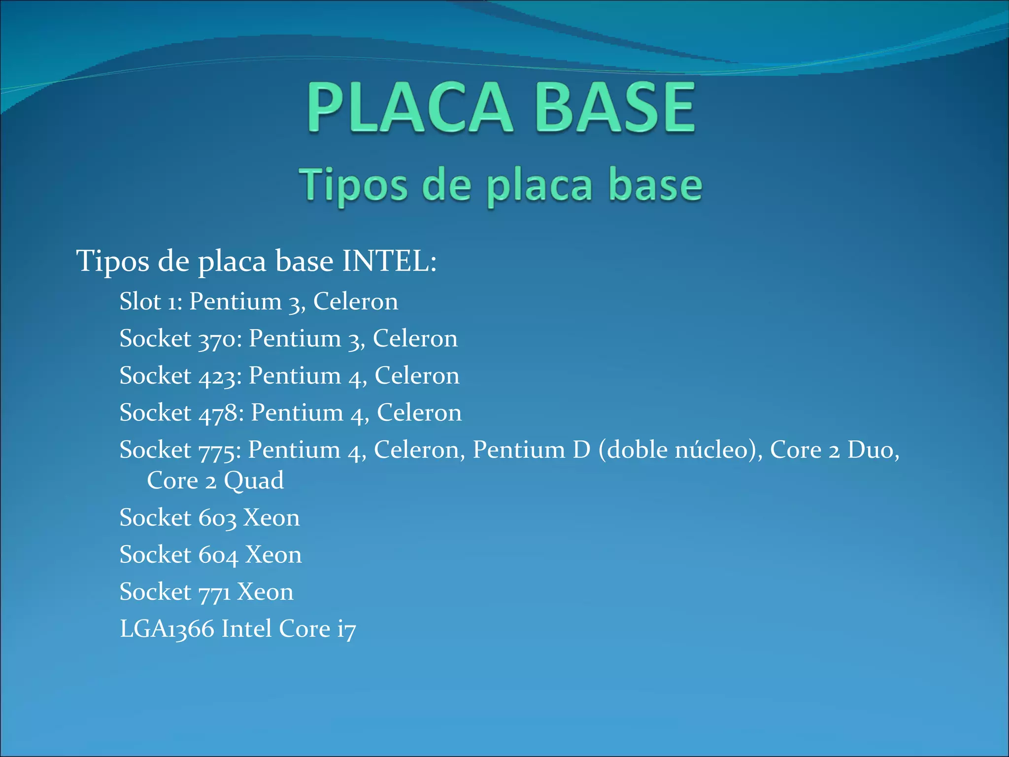 Tipos de placa base INTEL: Slot 1: Pentium 3, Celeron Socket 370: Pentium 3, Celeron Socket 423: Pentium 4, Celeron Socket 478: Pentium 4, Celeron Socket 775: Pentium 4, Celeron, Pentium D (doble núcleo), Core 2 Duo, Core 2 Quad Socket 603 Xeon Socket 604 Xeon Socket 771 Xeon LGA1366 Intel Core i7 