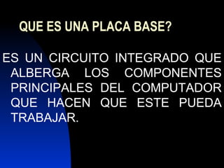 QUE ES UNA PLACA BASE?

ES UN CIRCUITO INTEGRADO QUE
 ALBERGA LOS COMPONENTES
 PRINCIPALES DEL COMPUTADOR
 QUE HACEN QUE ESTE PUEDA
 TRABAJAR.
 