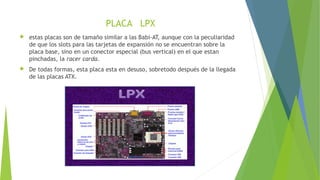 PLACA LPX
 estas placas son de tamaño similar a las Babi-AT, aunque con la peculiaridad
de que los slots para las tarjetas de expansión no se encuentran sobre la
placa base, sino en un conector especial (bus vertical) en el que estan
pinchadas, la racer carda.
 De todas formas, esta placa esta en desuso, sobretodo después de la llegada
de las placas ATX.
 
