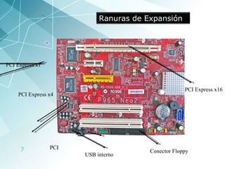 Conector Floppy PCI PCI Express x4 PCI Express x1 PCI Express x16 USB interno Ranuras de Expansión 