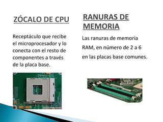 RANURAS DE
MEMORIA
Receptáculo que recibe
el microprocesador y lo
conecta con el resto de
componentes a través
de la placa base.

Las ranuras de memoria
RAM, en número de 2 a 6
en las placas base comunes.

 