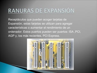 Receptáculos que pueden acoger tarjetas de
Expansión, estas tarjetas se utilizan para agregar
características o aumentar el rendimiento de un
ordenador. Estos puertos pueden ser puertos: ISA ,PCI,
AGP y, los más recientes, PCI Express.

 