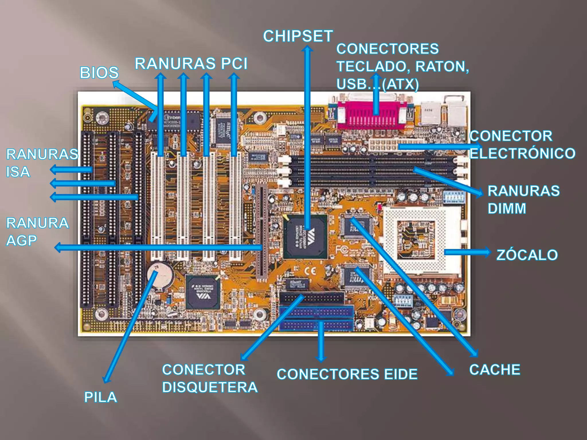 CHIPSETCONECTORES TECLADO, RATON, USB…(ATX)RANURAS PCIBIOSCONECTOR ELECTRÓNICORANURAS ISARANURAS DIMMRANURA     AGPZÓCALOCACHECONECTOR DISQUETERACONECTORES EIDEPILA