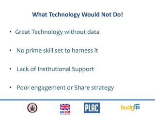 What Technology Would Not Do!
• Great Technology without data
• No prime skill set to harness it
• Lack of Institutional Support
• Poor engagement or Share strategy
 