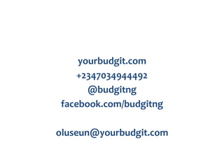 yourbudgit.com
+2347034944492
@budgitng
facebook.com/budgitng
oluseun@yourbudgit.com
 