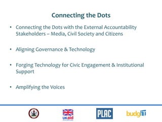 Connecting the Dots
• Connecting the Dots with the External Accountability
Stakeholders – Media, Civil Society and Citizens
• Aligning Governance & Technology
• Forging Technology for Civic Engagement & Institutional
Support
• Amplifying the Voices
 
