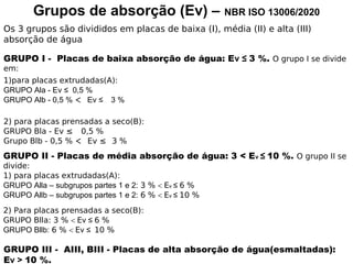 Grupos de absorção (Ev) – NBR ISO 13006/2020
Os 3 grupos são divididos em placas de baixa (I), média (II) e alta (III)
absorção de água
GRUPO I - Placas de baixa absorção de água: Εv ≤ 3 %. O grupo I se divide
em:
1)para placas extrudadas(A):
GRUPO Ala - Εv ≤ 0,5 %
GRUPO Alb - 0,5 % Εv ≤ 3 %
 
2) para placas prensadas a seco(B):
GRUPO Bla - Εv ≤ 0,5 %

Grupo Blb - 0,5 % Εv ≤ 3 %
 
GRUPO II - Placas de média absorção de água: 3 < Εv ≤10 %. O grupo II se
divide:
1) para placas extrudadas(A):
GRUPO Alla – subgrupos partes 1 e 2: 3 % Εv ≤6 %
GRUPO Allb – subgrupos partes 1 e 2: 6 % Εv ≤10 %
2) Para placas prensadas a seco(B):
GRUPO Blla: 3 % Εv ≤6 %
GRUPO Bllb: 6 % Εv ≤10 %
GRUPO III - AIII, BIII - Placas de alta absorção de água(esmaltadas):
Εv > 10 %.
 