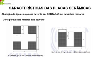 Absorção de água – as placas deverão ser CORTADAS em tamanhos menores
CARACTERÍSTICAS DAS PLACAS CERÂMICAS
Corte para placas maiores que 3600cm²
 