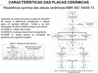 Resistência química das placas cerâmicas-NBR ISO 10545-13
Submeter os corpos de prova à ação de soluções
de ensaio e determinar visualmente o ataque
após um período definido. Cortar o cp com
dimensões de 50mm x50mm limpos com etanol.
CLASSE A – efeito não visível
CLASSE B- mudança discernível na aparência
CLASSE C- perda parcial ou completa da
aparência da superfície original
CARACTERÍSTICAS DAS PLACAS CERÂMICAS
 