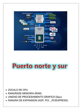  ZOCALO DE CPU
 RANURADE MEMORIA (RAM)
 UNIDAD DE PROCESAMIENTO GRAFICO (Gpu)
 RANURA DE EXPANSION (AGP, PCI, _PCIEXPRESS)
 
