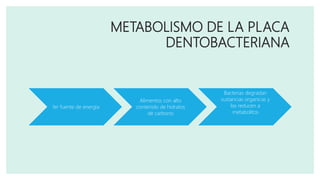 METABOLISMO DE LA PLACA
DENTOBACTERIANA
1er fuente de energia
Alimentos con alto
contenido de hidratos
de carbono
Bacterias degradan
sustancias organicas y
las reducen a
metabolitos
 