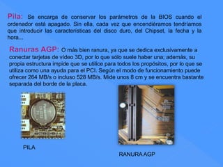 Se encarga de conservar los parámetros de la BIOS cuando el
ordenador está apagado. Sin ella, cada vez que encendiéramos tendríamos
que introducir las características del disco duro, del Chipset, la fecha y la
hora...
O más bien ranura, ya que se dedica exclusivamente a
conectar tarjetas de vídeo 3D, por lo que sólo suele haber una; además, su
propia estructura impide que se utilice para todos los propósitos, por lo que se
utiliza como una ayuda para el PCI. Según el modo de funcionamiento puede
ofrecer 264 MB/s o incluso 528 MB/s. Mide unos 8 cm y se encuentra bastante
separada del borde de la placa.
PILA
RANURA AGP
 