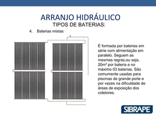 ARRANJO HIDRÁULICO
             TIPOS DE BATERIAS:
4.   Baterias mistas


                            É formada por baterias em
                            série com alimentação em
                            paralelo. Seguem as
                            mesmas regras,ou seja,
                            20m² por bateria e no
                            máximo 03 baterias. São
                            comumente usadas para
                            piscinas de grande porte e
                            por vezes na dificuldade de
                            áreas de exposição dos
                            coletores.
 