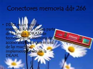 Conectores memoria ddr 266DDR2 es un tipo de memoria RAM. Forma parte de la familia SDRAM de tecnologías de memoria de acceso aleatorio, que es una de las muchas implementaciones de la DRAM.