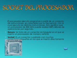 El procesador ejecuta programas a partir de un conjunto
de instrucciones, se caracteriza por su frecuencia, con la
cual ejecuta las distintas instrucciones. Esto significa que
un procesador de 800 MHz puede realizar 800 millones de
operaciones por segundo.
 Ranura: Se trata de un conector rectangular en el que se
inserta un procesador de manera vertical.
 Socket: Es un conector cuadrado con muchos
conectores pequeños en los que se inserta directamente
el procesador.
 