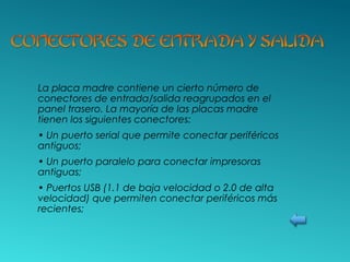 La placa madre contiene un cierto número de
conectores de entrada/salida reagrupados en el
panel trasero. La mayoría de las placas madre
tienen los siguientes conectores:
• Un puerto serial que permite conectar periféricos
antiguos;
• Un puerto paralelo para conectar impresoras
antiguas;
• Puertos USB (1.1 de baja velocidad o 2.0 de alta
velocidad) que permiten conectar periféricos más
recientes;
 