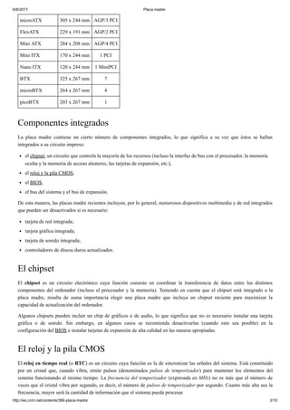 6/8/2017 Placa madre
http://es.ccm.net/contents/366-placa-madre 3/10
microATX 305 x 244 mm AGP/3 PCI
FlexATX 229 x 191 mm AGP/2 PCI
Mini ATX 284 x 208 mm AGP/4 PCI
Mini ITX 170 x 244 mm 1 PCI
Nano ITX 120 x 244 mm 1 MiniPCI
BTX 325 x 267 mm 7
microBTX 264 x 267 mm 4
picoBTX 203 x 267 mm 1
Componentes integrados
La placa madre contiene un cierto número de componentes integrados, lo que significa a su vez que éstos se hallan
integrados a su circuito impreso:
el chipset, un circuito que controla la mayoría de los recursos (incluso la interfaz de bus con el procesador, la memoria
oculta y la memoria de acceso aleatorio, las tarjetas de expansión, etc.),
el reloj y la pila CMOS,
el BIOS,
el bus del sistema y el bus de expansión.
De esta manera, las placas madre recientes incluyen, por lo general, numerosos dispositivos multimedia y de red integrados
que pueden ser desactivados si es necesario:
tarjeta de red integrada;
tarjeta gráfica integrada;
tarjeta de sonido integrada;
controladores de discos duros actualizados.
El chipset
El chipset es un circuito electrónico cuya función consiste en coordinar la transferencia de datos entre los distintos
componentes del ordenador (incluso el procesador y la memoria). Teniendo en cuenta que el chipset está integrado a la
placa madre, resulta de suma importancia elegir una placa madre que incluya un chipset reciente para maximizar la
capacidad de actualización del ordenador.
Algunos chipsets pueden incluir un chip de gráficos o de audio, lo que significa que no es necesario instalar una tarjeta
gráfica o de sonido. Sin embargo, en algunos casos se recomienda desactivarlas (cuando esto sea posible) en la
configuración del BIOS e instalar tarjetas de expansión de alta calidad en las ranuras apropiadas.
El reloj y la pila CMOS
El reloj en tiempo real (o RTC) es un circuito cuya función es la de sincronizar las señales del sistema. Está constituido
por un cristal que, cuando vibra, emite pulsos (denominados pulsos de temporizador) para mantener los elementos del
sistema funcionando al mismo tiempo. La frecuencia del temporizador (expresada en MHz) no es más que el número de
veces que el cristal vibra por segundo, es decir, el número de pulsos de temporizador por segundo. Cuanto más alta sea la
frecuencia, mayor será la cantidad de información que el sistema pueda procesar.
 
