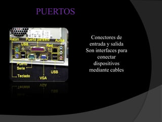 PUERTOS

            Conectores de
           entrada y salida
          Son interfaces para
               conectar
             dispositivos
           mediante cables
 