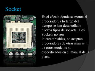 Socket
         Es el zócalo donde se monta el
         procesador, a lo largo del
         tiempo se han desarrollado
         nuevos tipos de sockets. Los
         Sockets no son
         intercambiables, no aceptan
         procesadores de otras marcas ni
         de otros modelos no
         especificados en el manual de la
         placa.
 