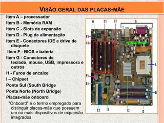 VISÃO GERAL DAS PLACAS-MÃE
Item A – processador
Item B - Memória RAM
Item C - Slots de expansão
Item D - Plug de alimentação
Item E - Conectores IDE e drive de
disquete
Item F - BIOS e bateria
Item G - Conectores de
teclado, mouse, USB, impressora e
outros
H - Furos de encaixe
I – Chipset
Ponte Sul (South Bridge
Ponte Norte (North Bridge)
Placas-mãe onboard
"Onboard" é o termo empregado para
distinguir placas-mãe que possuem
um ou mais dispositivos de expansão
integrados
 