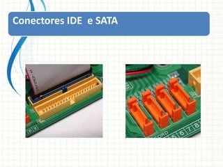 O tipo de soquete varia conforme o processador.Soquete para encaixe dos módulos de memóriaNeste são encaixados os módulos de memória.Conectores IDE  e SATA 