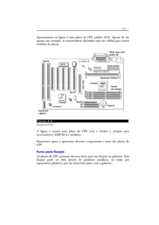 3-3 
Apresentamos na figura 3 uma placa de CPU padrão ATX. Apesar de ser 
apenas um exemplo, as características discutidas aqui são válidas para outros 
modelos de placas. 
Figura 3.3 
Uma placa de CPU ATX. 
A figura 4 mostra uma placa de CPU com o Socket 7, própria para 
processadores AMD K6-2 e similares. 
Passaremos agora a apresentar diversos componentes e itens das placas de 
CPU. 
Furos para fixação 
As placas de CPU possuem diversos furos para sua fixação ao gabinete. Esta 
fixação pode ser feita através de parafusos metálicos, ou então por 
espaçadores plásticós, que são fornecidos junto com o gabinete. 
 