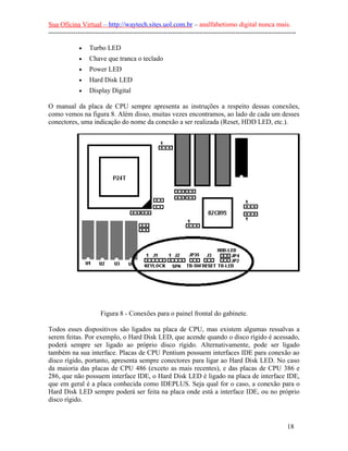 Sua Oficina Virtual – http://waytech.sites.uol.com.br – analfabetismo digital nunca mais.
--------------------------------------------------------------------------------------------------------------
• Turbo LED
• Chave que tranca o teclado
• Power LED
• Hard Disk LED
• Display Digital
O manual da placa de CPU sempre apresenta as instruções a respeito dessas conexões,
como vemos na figura 8. Além disso, muitas vezes encontramos, ao lado de cada um desses
conectores, uma indicação do nome da conexão a ser realizada (Reset, HDD LED, etc.).
Figura 8 - Conexões para o painel frontal do gabinete.
Todos esses dispositivos são ligados na placa de CPU, mas existem algumas ressalvas a
serem feitas. Por exemplo, o Hard Disk LED, que acende quando o disco rígido é acessado,
poderá sempre ser ligado ao próprio disco rígido. Alternativamente, pode ser ligado
também na sua interface. Placas de CPU Pentium possuem interfaces IDE para conexão ao
disco rígido, portanto, apresenta sempre conectores para ligar ao Hard Disk LED. No caso
da maioria das placas de CPU 486 (exceto as mais recentes), e das placas de CPU 386 e
286, que não possuem interface IDE, o Hard Disk LED é ligado na placa de interface IDE,
que em geral é a placa conhecida como IDEPLUS. Seja qual for o caso, a conexão para o
Hard Disk LED sempre poderá ser feita na placa onde está a interface IDE, ou no próprio
disco rígido.
18
 