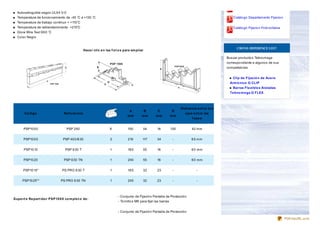 Auto extinguible según UL9 4 V-0
  Temperatura de funcio namiento de -40 ℃ a +130 ℃                                                                                                   Catálo go Departamento Fijacio n
  Temperatura de trabajo co ntinuo + +110 ℃
  Temperatura de reblandecimiento +215℃                                                                                                              Catálo go Fijacio n Fo to vo ltaica
  Glo w Wire Test 9 6 0 ℃
  Co lo r Negro


                                                                                                                                                       CROSS REFERENCE LIST
                                                   Hace r clic e n las f o t o s para am pliar

                                                                                                                                                 Buscar pro ducto s Tekno mega
                                                                                                                                                 co rrespo ndiente a alguno s de sus
                                                                                                                                                 co mpetido res


                                                                                                                                                    Clip de Fijació n de Ace ro
                                                                                                                                                   Arm ó nico Ω CLIP
                                                                                                                                                    Barras Fle xible s Aisladas
                                                                                                                                                   Te kno m e ga Ω FLEX



                                                                                                                       Dist ancia e nt re lo s
                                                                                   A         B         C         D
       Có digo                    Re f e re ncia                                                                          e je s e nt re las
                                                                                  mm        mm        mm        mm
                                                                                                                               f ase s


      PSP10 0 0                     PSP 250                           8           150        54        16       130            42 mm


      PSP10 0 5                  PSP 40 0 /6 30                       2           216        117       34        -             6 5 mm


       PSP10 10                    PSP 6 30 T                         1           18 0       55        16        -             6 0 mm


      PSP10 20                    PSP 6 30 TN                         1           240        55        16        -             6 0 mm


      PSP10 15*                  PS PRO 6 30 T                        1           18 5       32        23        -                -


      PSP10 25**                PS PRO 6 30 TN                        1           245        32        23        -                -



                                                                           - Co njunto de Fijació n Pantalla de Pro tecció n
Supo rt e Re part ido r PSP10 0 0 co m ple t o de :
                                                                           - To rnillo s M6 para fijar las barras


                                                                           - Co njunto de Fijació n Pantalla de Pro tecció n

                                                                                                                                                                                           PDFmyURL.com
 