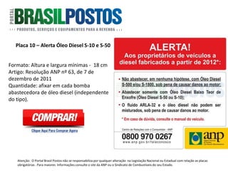 Placa 10 – Nocividade Etanol, Gasolina e Diesel
Formato: 31 x 22 cm
Artigo: Portaria 116 da ANP - Artigo 10 inciso
V - "Informar de maneira ostensiva e
adequada da nocividade, periculosidade e
uso dos produtos". O alerta deverá ser
afixado em todas as bombas.
Quantidade: 01 Unidade por face de bomba
de Etanol, Gasolina ou diesel.
Atenção: O Portal Brasil Postos não se responsabiliza por qualquer alteração na Legislação Nacional ou Estadual com relação as placas
obrigatórias . Para maiores Informações consulte o site da ANP ou o Sindicato de Combustíveis do seu Estado.
 