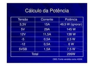 Cálculo da Potência
Tensão           Corrente            Potência
 3,3V              15A           49,5 W (ignorar)
 5V                29A                 145 W
 12V              11,5A                138 W
  -5              0,5A                 2,5 W
 -12              0,5A                   6W
5VSB              1,5A                 7,5 W
         Total                         299W
                          OBS: Fonte vendida como 400W.
 