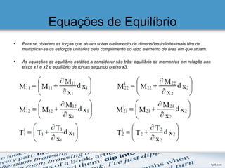 Equações de Equilíbrio
• Para se obterem as forças que atuam sobre o elemento de dimensões infinitesimais têm de
multiplicar-se os esforços unitários pelo comprimento do lado elemento de área em que atuam.
• As equações de equilíbrio estático a considerar são três: equilíbrio de momentos em relação aos
eixos x1 e x2 e equilíbrio de forças segundo o eixo x3.
 