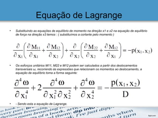 Equação de Lagrange
• Substituindo as equações de equilíbrio de momento na direção x1 e x2 na equação de equilíbrio
de força na direção x3 temos : ( substituímos a cortante pelo momento )
• Os esforços unitários M11, M22 e M12 podem ser calculados a partir dos deslocamentos
transversais ω, recorrendo às expressões que relacionam os momentos ao deslocamento, a
equação de equilíbrio toma a forma seguinte:
• - Sendo esta a equação de Lagrange.
 