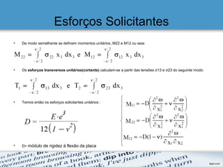 Esforços Solicitantes
• De modo semelhante se definem momentos unitários, M22 e M12 ou seja:
• Os esforços transversos unitários(cortante) calculam-se a partir das tensões σ13 e σ23 do seguinte modo:
• Temos então os esforços solicitantes unitários :
• D= módulo de rigidez à flexão da placa
 