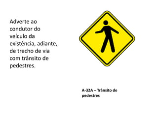 A-32A – Trânsito de
pedestres
Adverte ao
condutor do
veículo da
existência, adiante,
de trecho de via
com trânsito de
pedestres.
 