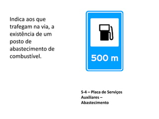 S-4 – Placa de Serviços
Auxiliares –
Abastecimento
Indica aos que
trafegam na via, a
existência de um
posto de
abastecimento de
combustível.
 