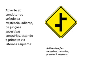 A-11A – Junções
sucessivas contrárias,
primeira à esquerda
Adverte ao
condutor do
veículo da
existência, adiante,
de junções
sucessivas
contrárias, estando
a primeira via
lateral à esquerda.
 