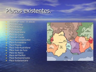 Placas existentes. Existen, en total, 15 placas: Placa Africana  Placa Antártica  Placa Arábiga  Placa Australiana  Placa de Cocos  Placa del Caribe  Placa Escocesa(Scotia)  Placa Euroasiática  Placa Filipina  Placa Indo-Australiana  Placa Juan de Fuca  Placa de Nazca  Placa del Pacífico  Placa Norteamericana  Placa Sudamericana  