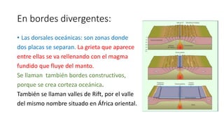 En bordes divergentes:
• Las dorsales oceánicas: son zonas donde
dos placas se separan. La grieta que aparece
entre ellas se va rellenando con el magma
fundido que fluye del manto.
Se llaman también bordes constructivos,
porque se crea corteza oceánica.
También se llaman valles de Rift, por el valle
del mismo nombre situado en África oriental.
 