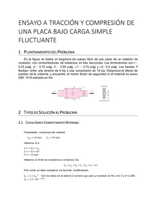ENSAYO A TRACCIÓN Y COMPRESIÓN DE
UNA PLACA BAJO CARGA SIMPLE
FLUCTUANTE
1 PLANTEAMIENTO DEL PROBLEMA
En la figura se ilustra el diagrama de cuerpo libre de una parte de un eslabón de
conexión, con concentradores de esfuerzos en tres secciones. Las dimensiones son r =
0.25 pulg, d = 0.75 pulg, h = 0.50 pulg, w1 = 3.75 pulg y w2 =2.5 pulg. Las fuerzas F
fluctúan entre una tensión de 4 kip y una compresión de 16 kip. Desprecie el efecto de
pandeo de la columna y encuentre el menor factor de seguridad si el material es acero
AISI 1018 estirado en frío.
2 TIPOS DESOLUCIÓN AL PROBLEMA
2.1 CARGA SIMPLE COMPLETAMENTE REVERSIBLE
Propiedades mecánicas del material.
𝑆 𝑢𝑡 = 64 𝑘𝑝𝑠𝑖 𝑆 𝑦 = 54 𝑘𝑝𝑠𝑖
Hallamos S´e.
𝑆´𝑒 = 0.5 ∗ 𝑆 𝑢𝑡
𝑆´𝑒 = 0.5 ∗ 64
𝑆´𝑒 = 32 𝑘𝑝𝑠𝑖
Hallamos el límite de resistencia a la fluencia Se.
𝑆 𝑒 = 𝑘 𝑎 ∗ 𝑘 𝑏 ∗ 𝑘 𝑐 ∗ 𝑘 𝑑 ∗ 𝑘 𝑒 ∗ 𝑆´𝑒
Pero antes se debe establecer los factores modificadores.
𝑘 𝑎 = 𝑎 ∗ 𝑆 𝑢𝑡
𝑏
Con los datos de la tabla 6.2 se tiene que para un estriado en frío a=2.7 y b=-0.265
𝑘 𝑎 = 2.7 ∗ 64 −0.265
 