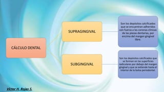 CÁLCULO DENTAL
SUPRAGINGIVAL
Son los depósitos calcificados
que se encuentran adheridos
con fuerza a las coronas clínicas
de las piezas dentarias, por
encima del margen gingival
libre.
SUBGINGIVAL
Son los depósitos calcificados que
se forman en las superficies
radiculares por debajo del margen
gingival y que se extiende hasta el
interior de la bolsa periodontal.
Víctor H. Rojas S.
 