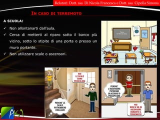 A SCUOLA:
 Non allontanarti dall'aula.
 Cerca di metterti al riparo sotto il banco più
vicino, sotto lo stipite di una porta o presso un
muro portante.
 Non utilizzare scale o ascensori.
IN CASO DI TERREMOTO
Relatori: Dott. ssa Di Nicola Francesca e Dott. ssa Cipolla Simona
 